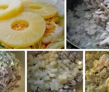 Рецепт Салат из курицы с ананасами, грибами и сыром