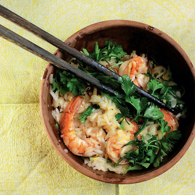 Рецепт Сладкий рис с чесноком, креветками и рукколой